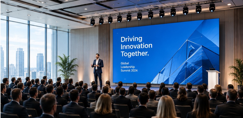 Keynote speaker presenting at a premium corporate conference with a large blue presentation screen and seated audience