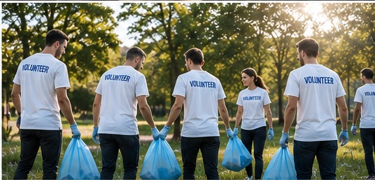 Volunteers in branded t-shirts taking part in an outdoor charity initiative
