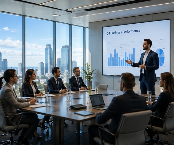 Presenter and colleagues during a corporate presentation in a bright executive boardroom
