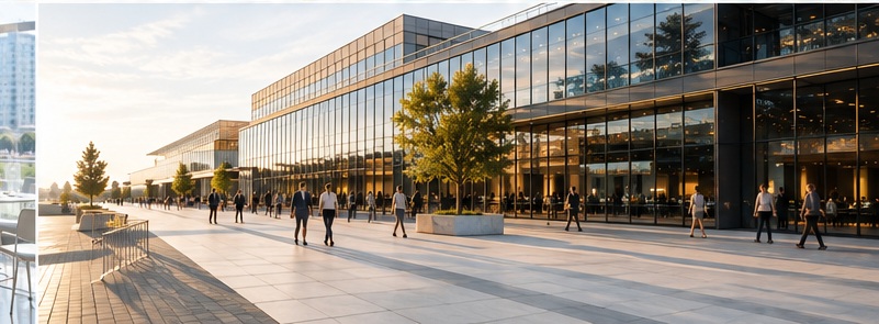 Modern glass conference and events venue with people walking outside at golden hour